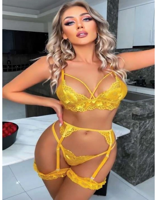 Sarı Göğüs İp Detaylı Fantezi Jartiyer Takım