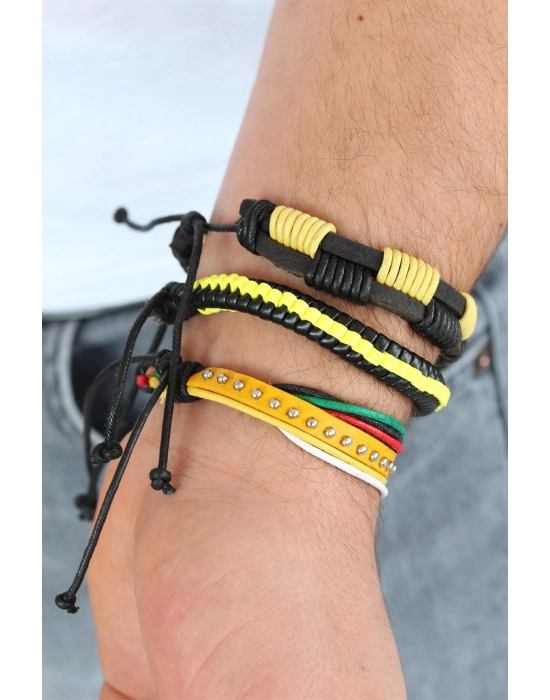 Sarı Renk Zımbalı Deri Erkek Bileklik Kombini - Bamido