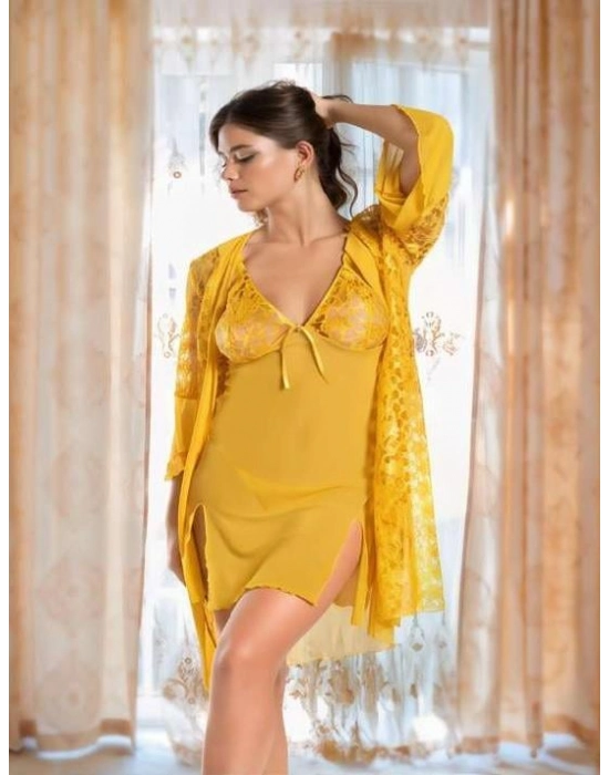 Sarı Transparan Dantel İşlemeli Tül Yırtmaçlı 2li Gecelik Takımı