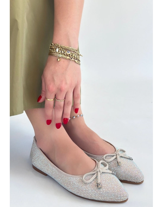 Sarra Bej Saten İşlemeli Babet Ayakkabı - Bamido