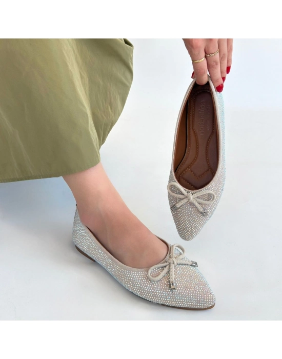 Sarra Bej Saten İşlemeli Babet Ayakkabı - Bamido