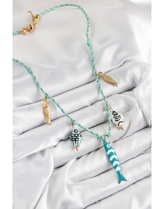 Seramik Motifli Balık Figürlü Model Mavi İp Kadın Kolye - Bamido