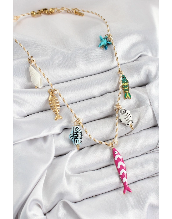 Seramik Motifli Pembe Balık Figürlü Model Krem İp Kadın Kolye - Bamido