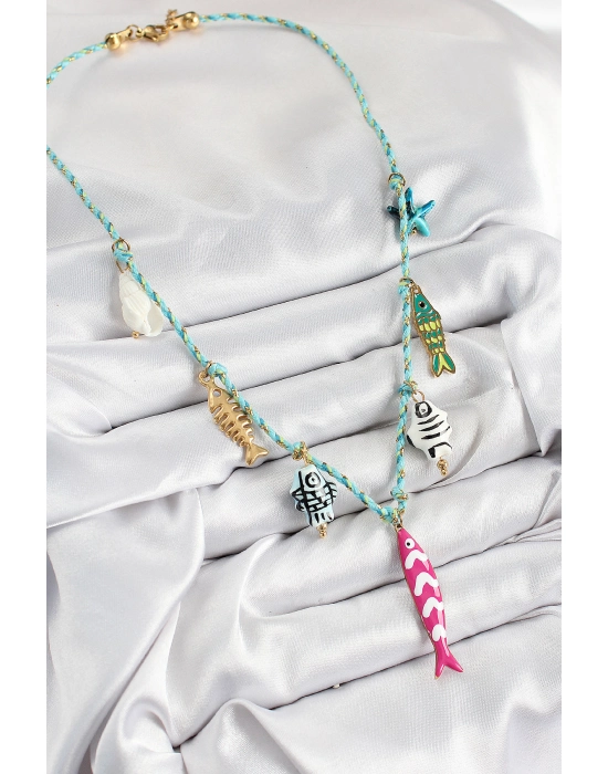 Seramik Motifli Pembe Balık Figürlü Model Mavi İp Kadın Kolye - Bamido