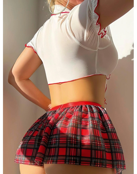 Şık Tasarım Tül Ekose Etekli Üst Kısmı Bağlamalı Fantezi Öğrenci Kostümü
