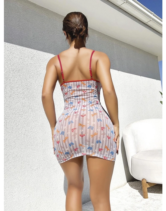 Şirin Kelebek Desenli Göğüs Kısmı Dantel Fantezi Gecelik