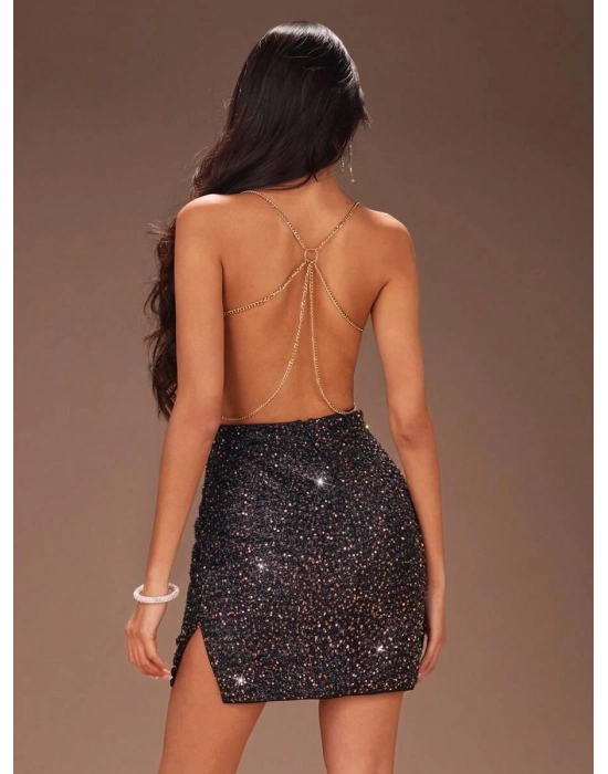 Sırt Zincir Dekolteli Seksi Mini Kadın Elbise