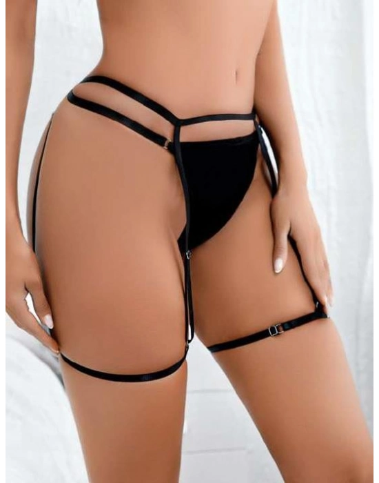 Siyah Bacak Bantlı Fantezi String Tanga
