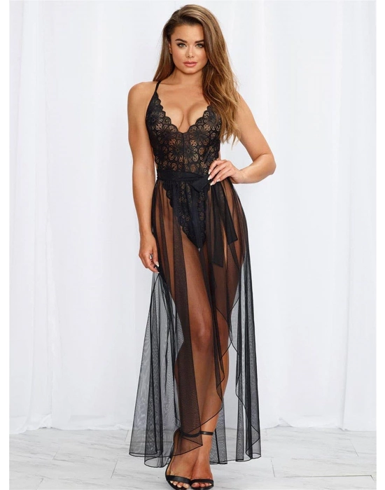 Siyah Belden Bağlamalı Dantelli Body Gecelik