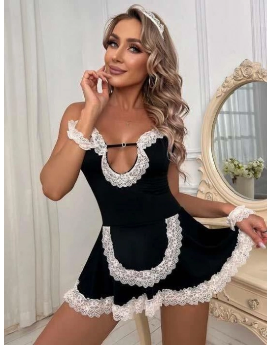 Siyah Beyaz Aksesuarlı Dantelli Fantezi Hizmetçi Kostümü