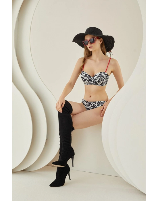 Siyah Beyaz Desenli Kırmızı İp Askılı Lotus Bikini Takımı