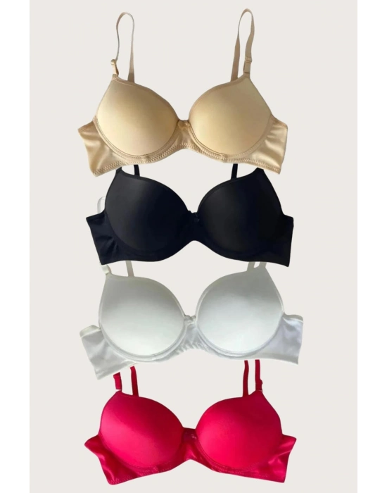 Siyah-beyaz-kırmızı-ten 4lü Dolgulu Push Up Micro Balenli Günlük Tek Destekli Sütyen
