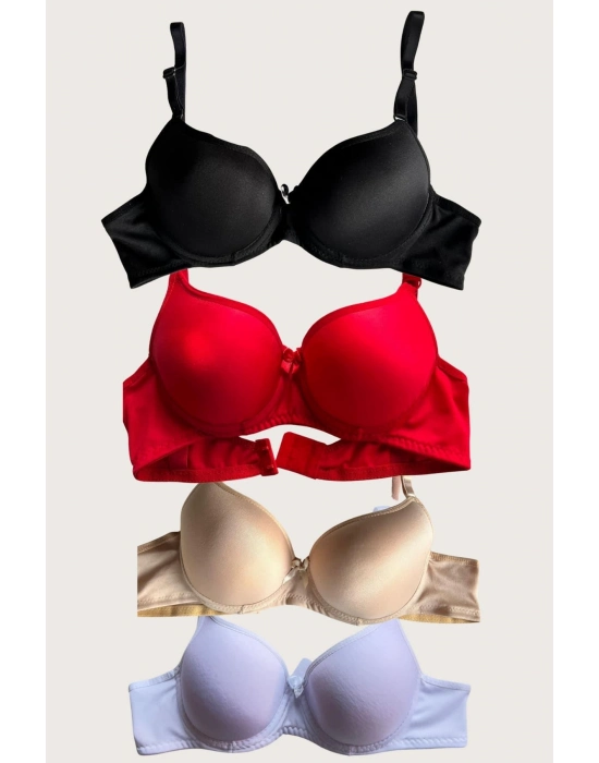 Siyah-beyaz-kırmızı-ten 4lü İçi Boş Micro Balenli Günlük Tek Desteksiz Sütyen