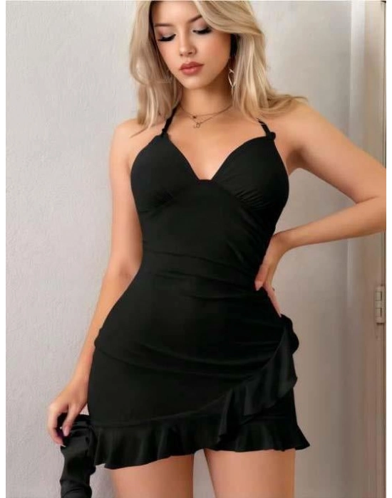 Siyah Boyundan Bağlamalı Fırfırlı Fantezi Mini Club Elbisesi