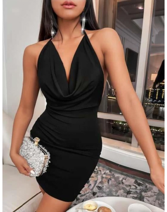 Siyah Boyundan Bağlamalı Sırt Dekolteli Mini Club Elbisesi