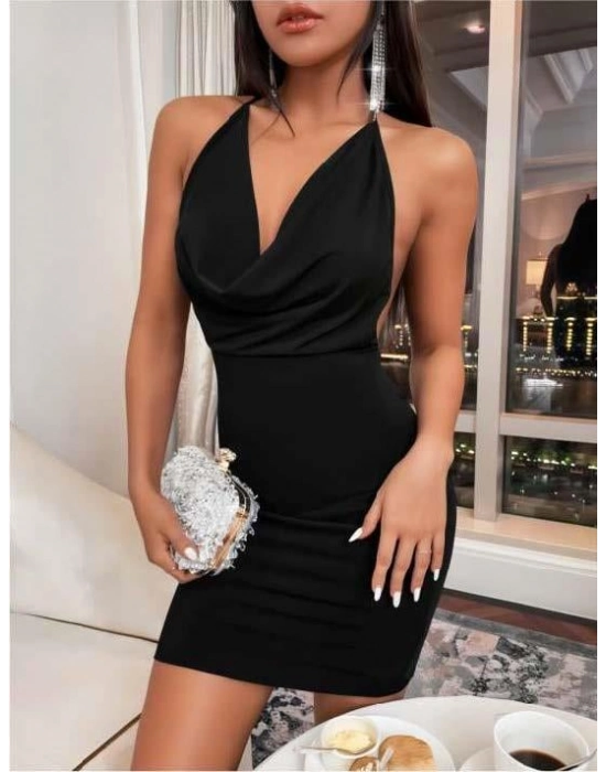 Siyah Boyundan Bağlamalı Sırt Dekolteli Mini Club Elbisesi