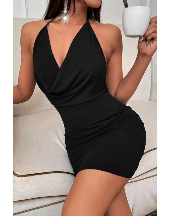 Siyah Boyundan Bağlamalı Sırt Dekolteli Mini Club Elbisesi