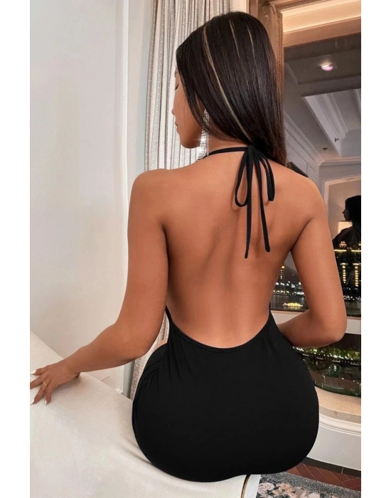 Siyah Boyundan Bağlamalı Sırt Dekolteli Mini Club Elbisesi