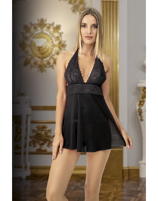 Siyah Dantel İşlemeli Boyundan Bağlamalı Fantezi Tül Gecelik Takımı