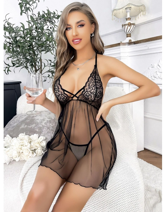 Siyah Dantel İşlemeli Fantezi Şık Tül Gecelik