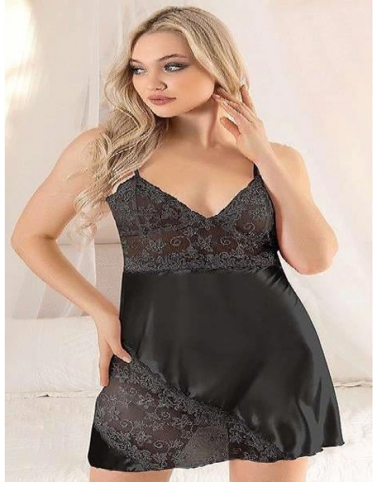 Siyah Dantel İşlemeli İnce Askılı Saten Kısa Fantezi Gecelik