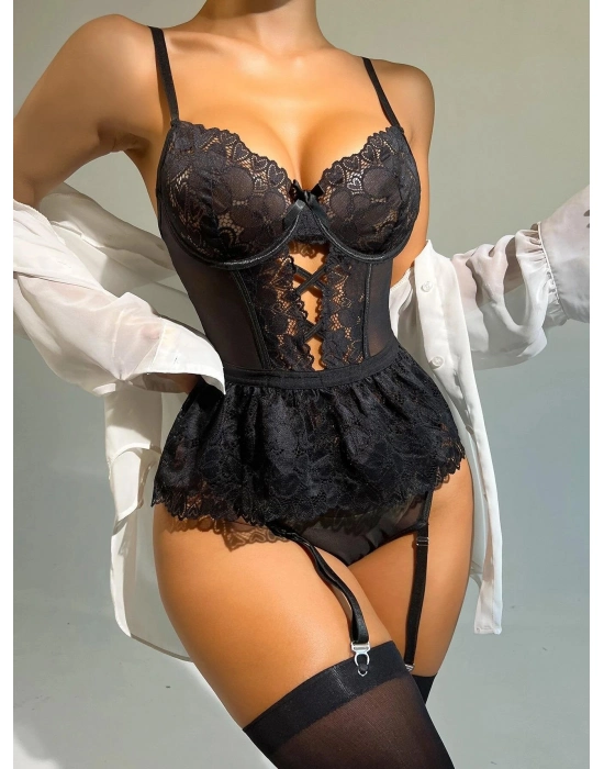 Siyah Dantel İşlemeli Kalp Desenli Fantezi Jartiyer Takımı