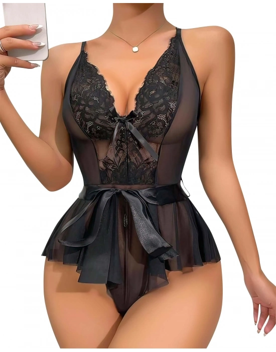 Siyah Dantel İşlemeli Kurdelalı Fantezi Tül Babydoll