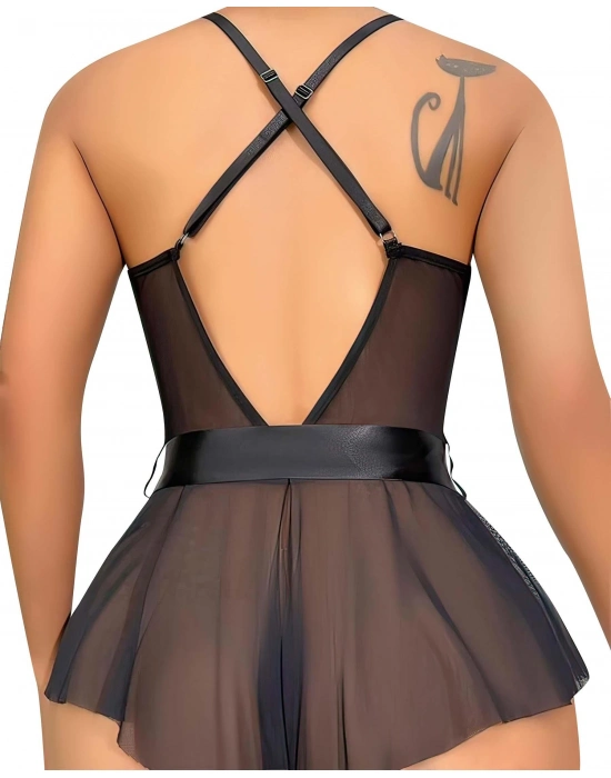 Siyah Dantel İşlemeli Kurdelalı Fantezi Tül Babydoll