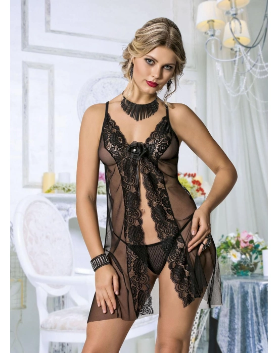 Siyah Dantel İşlemeli Önden Yırtmaçlı Fantezi Tül Gecelik Takımı