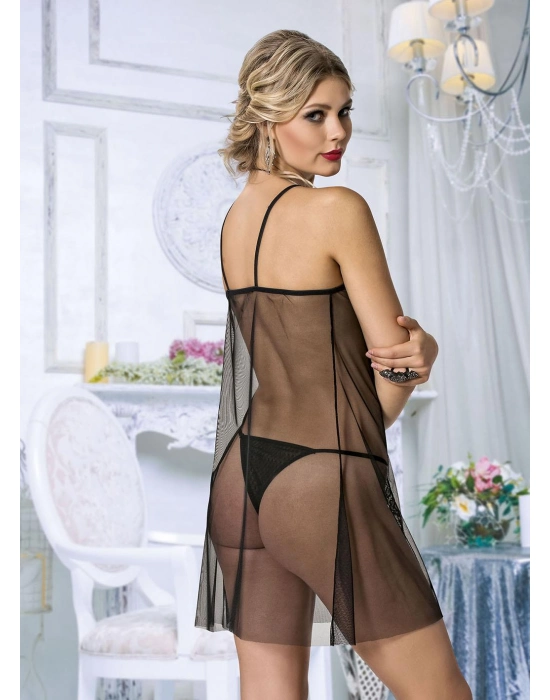 Siyah Dantel İşlemeli Önden Yırtmaçlı Fantezi Tül Gecelik Takımı