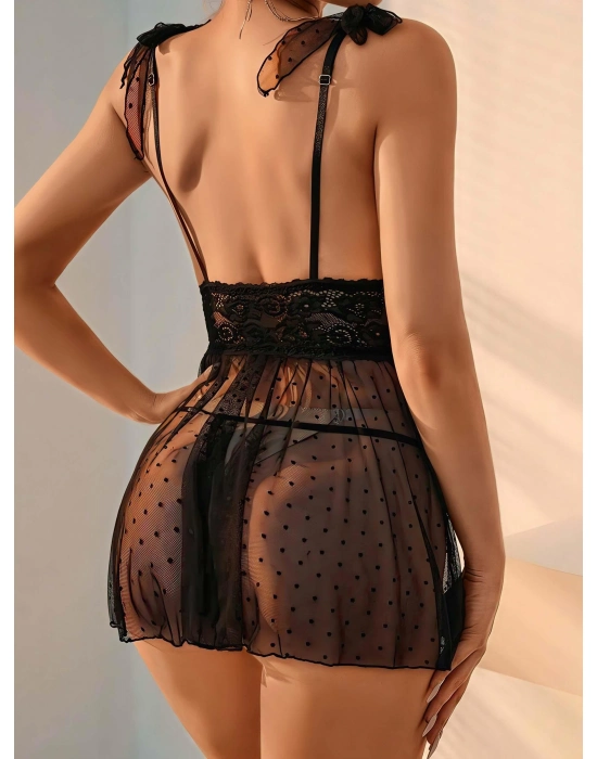 Siyah Dantel İşlemeli Puantiyeli Tül Fantezi Gecelik