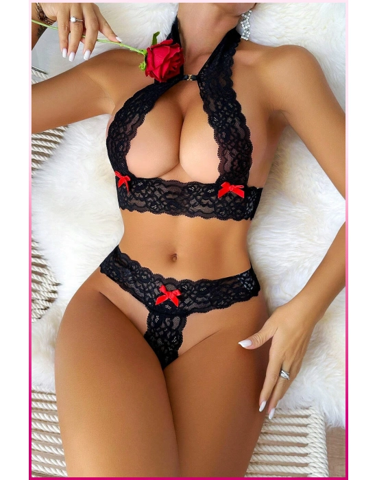 Siyah Dantel Şeritli Seksi Sütyen Külot Takım