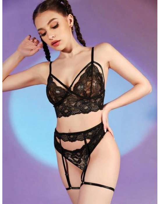 Siyah Dantelli Fantezi Jartiyer Takım