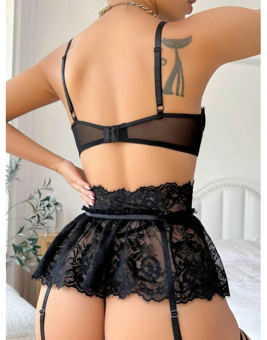 Siyah Dantelli Göğüs İp Detaylı Fantezi Jartiyer Takımı