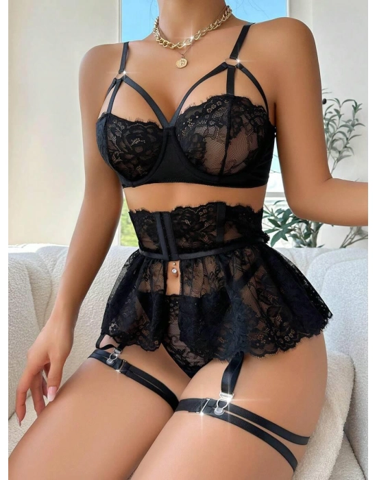 Siyah Dantelli Göğüs İp Detaylı Fantezi Jartiyer Takımı