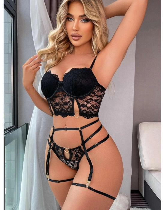 Siyah Dantelli Jartiyer Fantezi Seksi Büstiyer Takımı