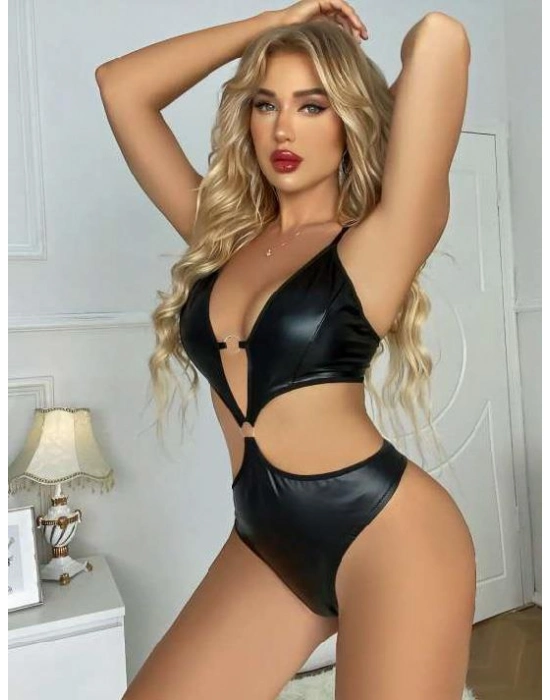 Siyah Deri Fantezi Babydoll