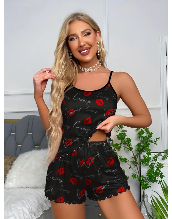 Siyah Dudak Desenli 2li Şortlu Takım