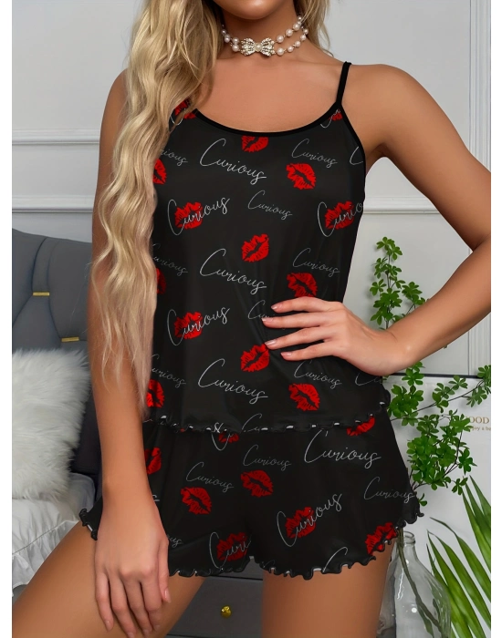 Siyah Dudak Desenli 2li Şortlu Takım