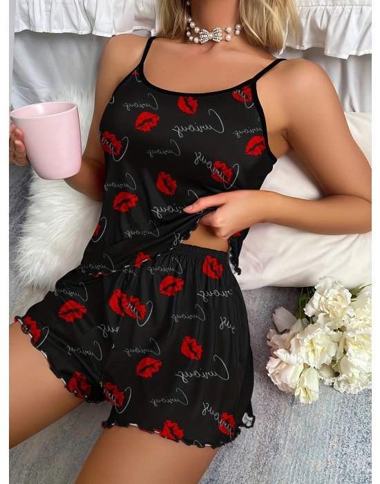 Siyah Dudak Desenli 2li Şortlu Takım