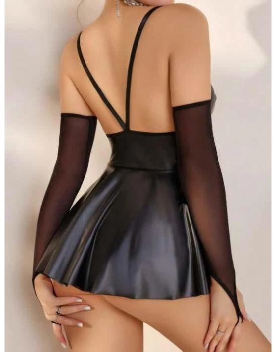 Siyah Etekli Fantezi Deri Elbise