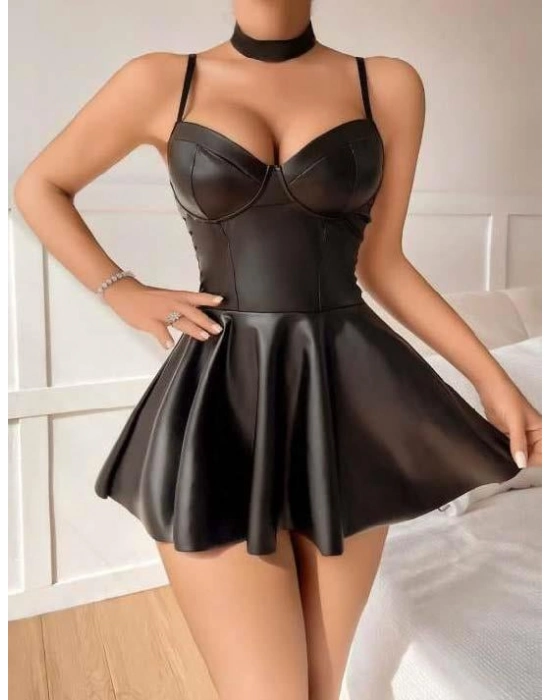 Siyah Etekli Pileli Fantezi Deri Elbise