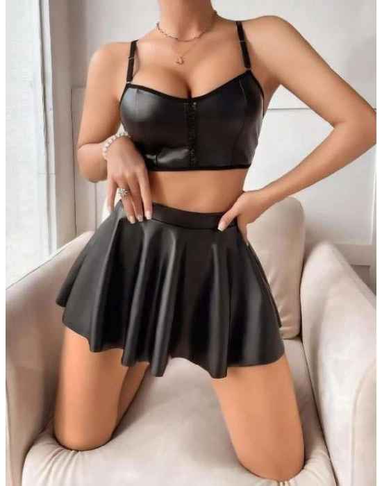 Siyah Etekli Şık Fantezi Deri Elbise