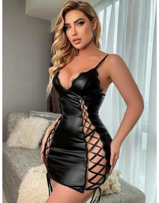 Siyah Fantezi İp Detaylı Deri Şık Elbise