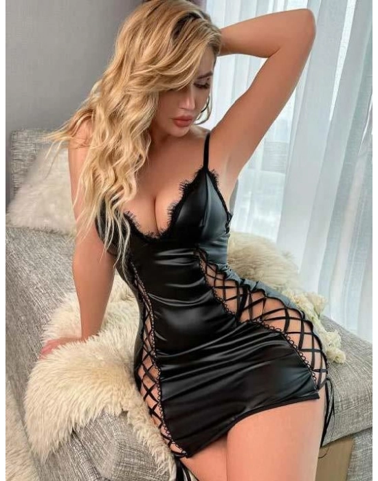 Siyah Fantezi İp Detaylı Deri Şık Elbise