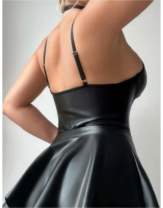 Siyah Fantezi Parlak Deri Şık Club Elbise