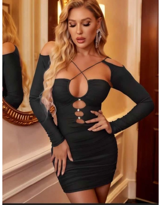 Siyah Göğüs Dekolteli İp Detaylı Mini Club Elbisesi