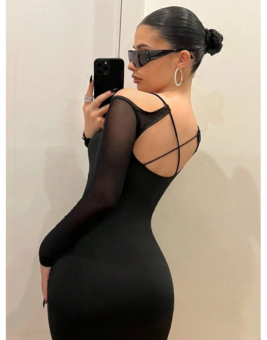 Siyah Göğüs Dekolteli İp Detaylı Mini Club Elbisesi