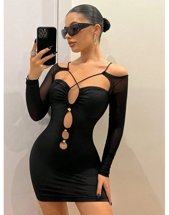 Siyah Göğüs Dekolteli İp Detaylı Mini Club Elbisesi