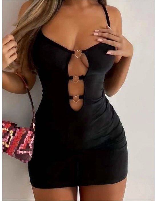 Siyah Göğüs Dekolteli Kalp Detaylı Mini Club Elbisesi
